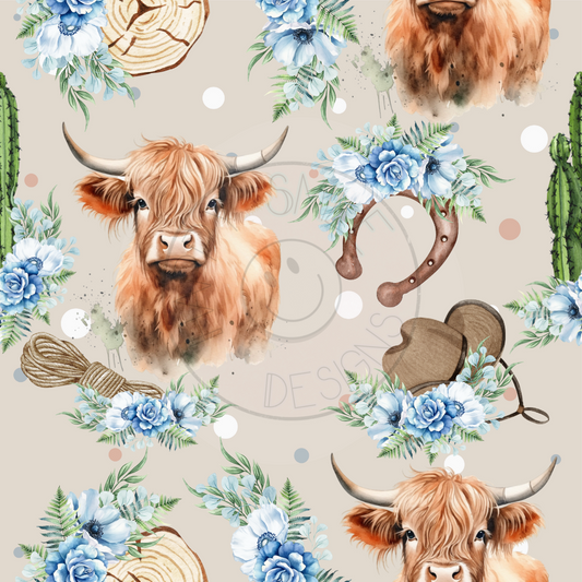 Blue Floral Highland Cow